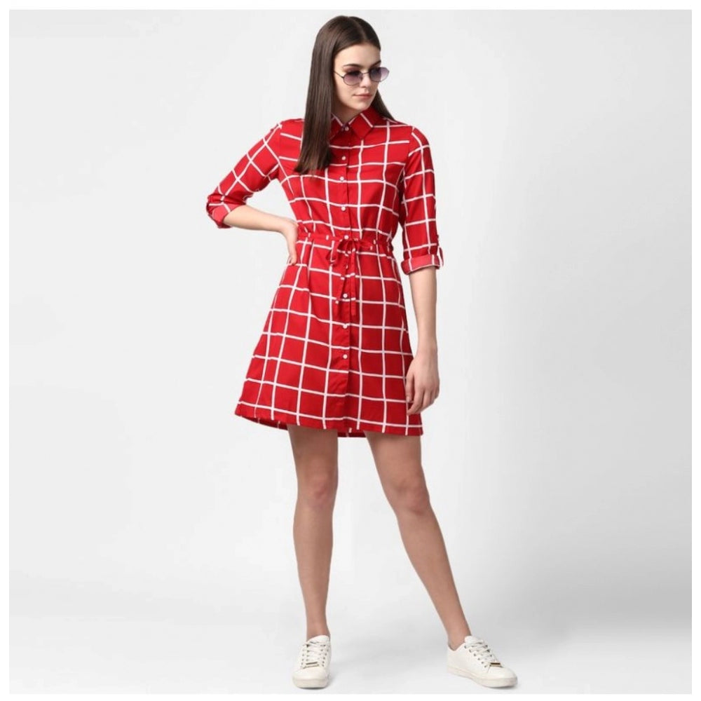 PKRKART Women's Polyester Checkered Long Sleeves Above Knee Dress (Red)