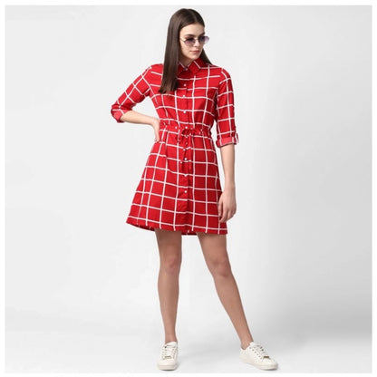 PKRKART Women's Polyester Checkered Long Sleeves Above Knee Dress (Red)