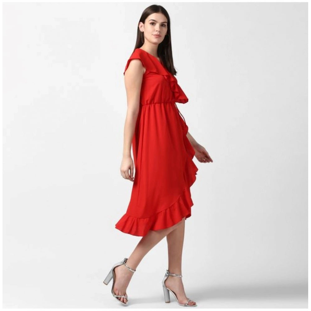 PKRKART Women's Polyester Ruffled Cap Sleeve Knee-Length Dress (Red)