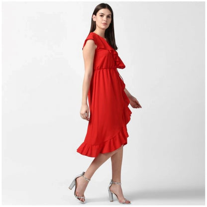 PKRKART Women's Polyester Ruffled Cap Sleeve Knee-Length Dress (Red)