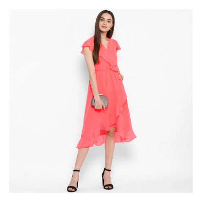 PKRKART Women's Polyester Ruffled Cap Sleeve Below Knee Dress (Coral Pink)