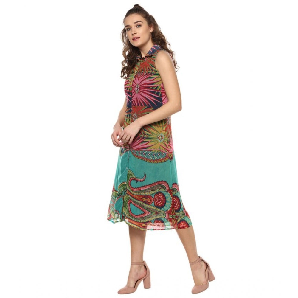 PKRKART Women's Polyester Floral Sleeveless Below Knee Dress (Multicolor)