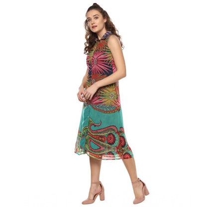 PKRKART Women's Polyester Floral Sleeveless Below Knee Dress (Multicolor)