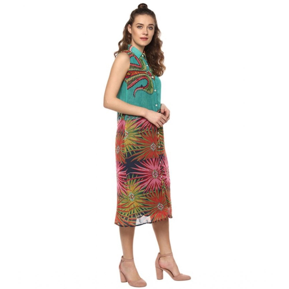 PKRKART Women's Polyester Floral Sleeveless Below Knee Dress (Multicolor)