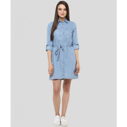 PKRKART Women's Denim Solid Long Sleeves Above Knee Dress (Blue)