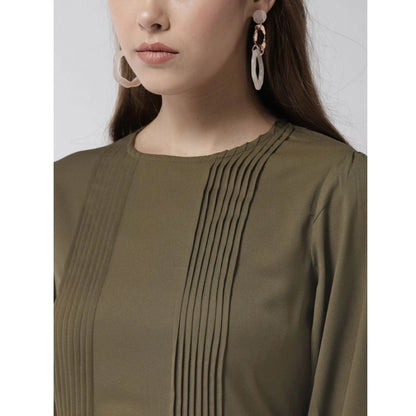 PKRKART Women's Polyester Pintuck Long Sleeves Below Knee Dress (Olive)