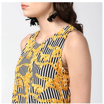 PKRKART Women's Polyester Chain Print Sleeveless Below Knee Dress (Yellow - Black)