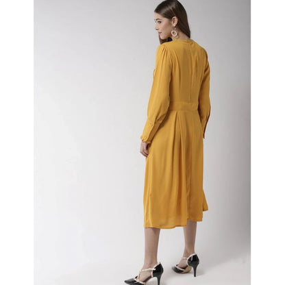 PKRKART Women's Polyester Pintuck Long Sleeves Below Knee Dress (Yellow)