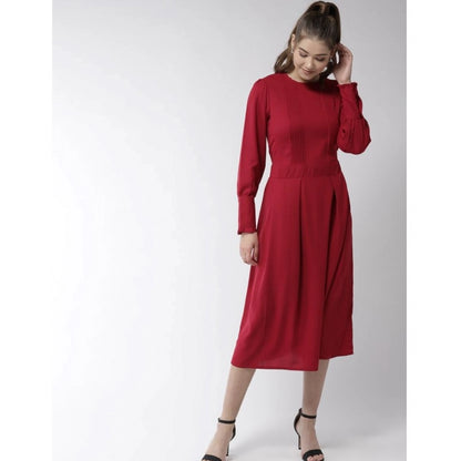 PKRKART Women's Polyester Pintuck Long Sleeves Below Knee Dress (Red)