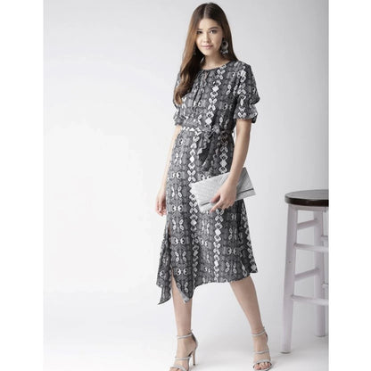 PKRKART Women's Polyester Animal Print Short Sleeve Knee-Length Dress (Black - White)