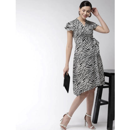 PKRKART Women's Polyester Animal Print Short Sleeve Knee-Length Dress (Black - White)