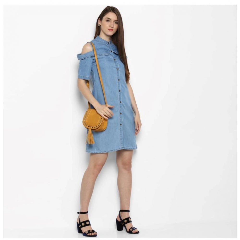 PKRKART Women's Denim Solid Cold Shoulder Above Knee Dress (Blue)