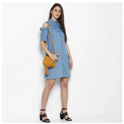 PKRKART Women's Denim Solid Cold Shoulder Above Knee Dress (Blue)