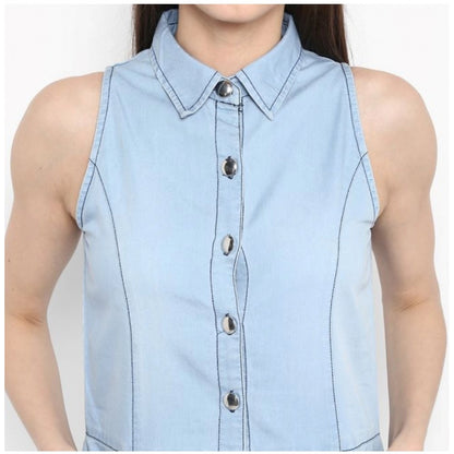 PKRKART Women's Denim Solid Sleeveless Below Knee Dress (Blue)