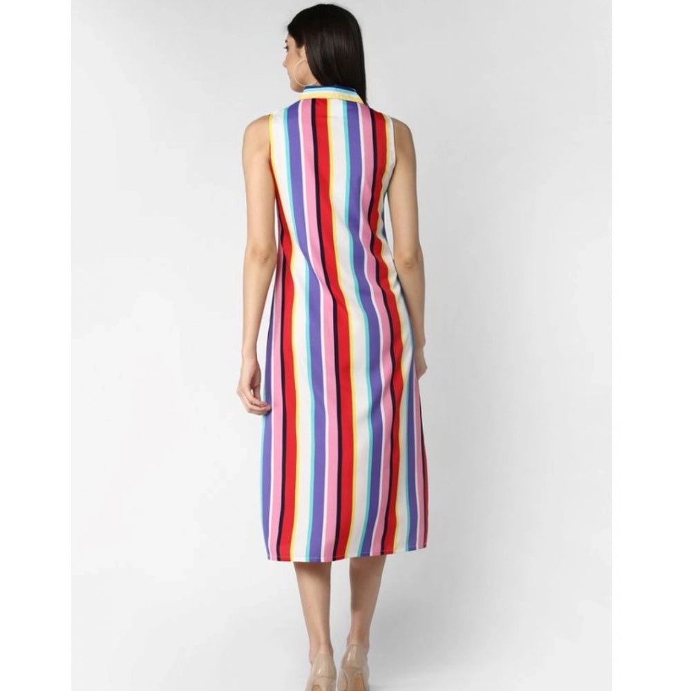 PKRKART Women's Polyester Striped Sleeveless Calf-length Dress (Multicolor)
