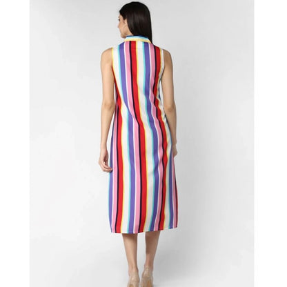 PKRKART Women's Polyester Striped Sleeveless Calf-length Dress (Multicolor)
