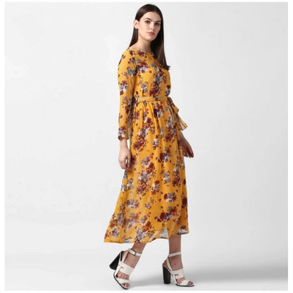 PKRKART Women's Polyester Floral Long Sleeves Calf-length Dress (Yellow)