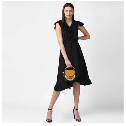 PKRKART Women's Polyester Ruffled Cap Sleeve Knee-Length Dress (Black)