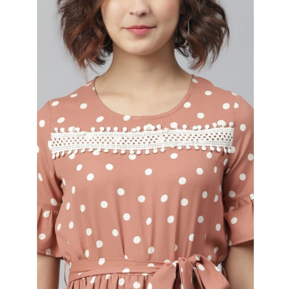 PKRKART Women's Polyester Polka Bell Sleeve Above Knee Dress (Brown)