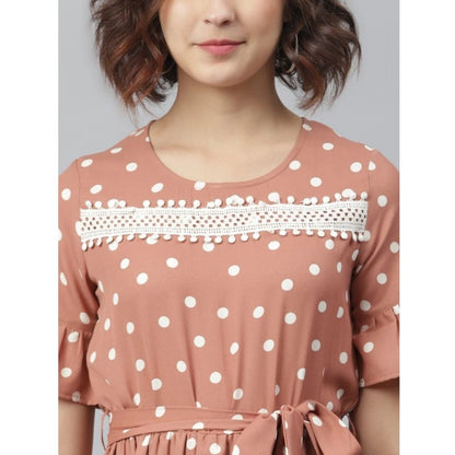 PKRKART Women's Polyester Polka Bell Sleeve Above Knee Dress (Brown)