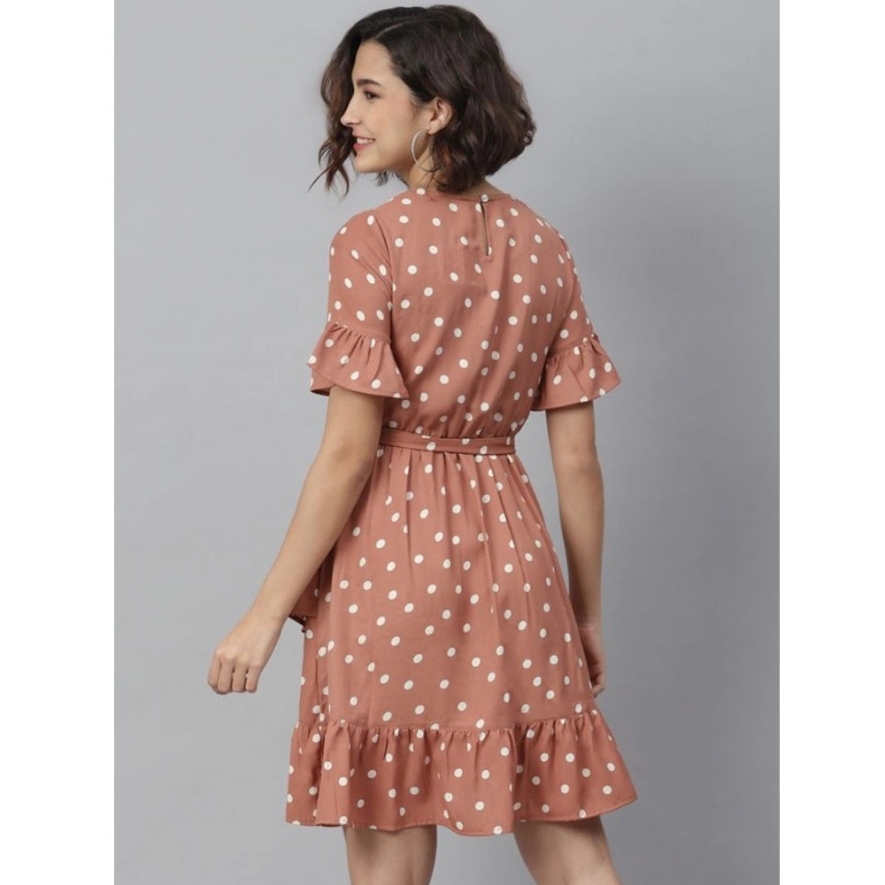 PKRKART Women's Polyester Polka Bell Sleeve Above Knee Dress (Brown)