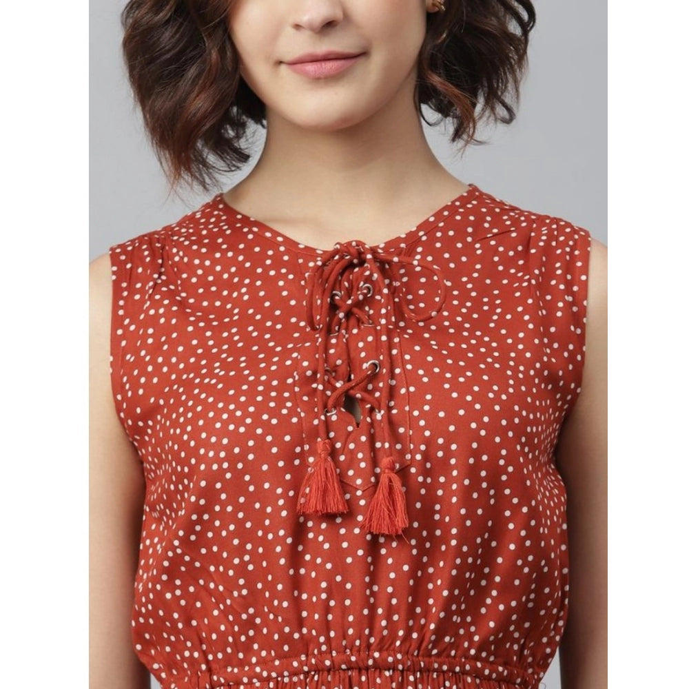 PKRKART Women's Rayon Polka Sleeveless Above Knee Dress (Rust)