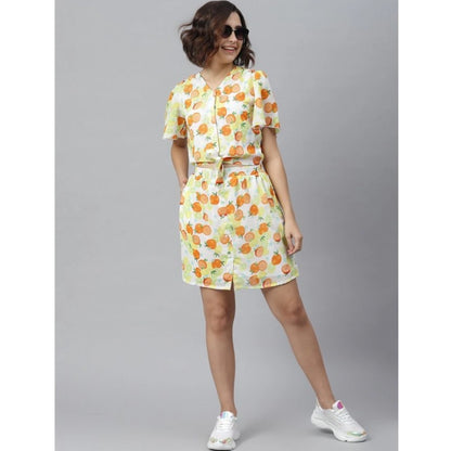 PKRKART Women's Polyester Printed Flutter Above Knee Dress (Orange - Yellow)