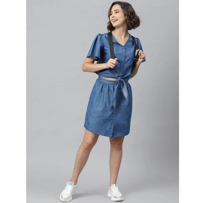 PKRKART Women's Denim Solid Flutter Above Knee Dress (Blue)