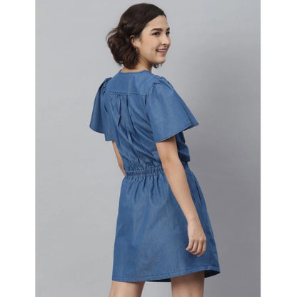 PKRKART Women's Denim Solid Flutter Above Knee Dress (Blue)