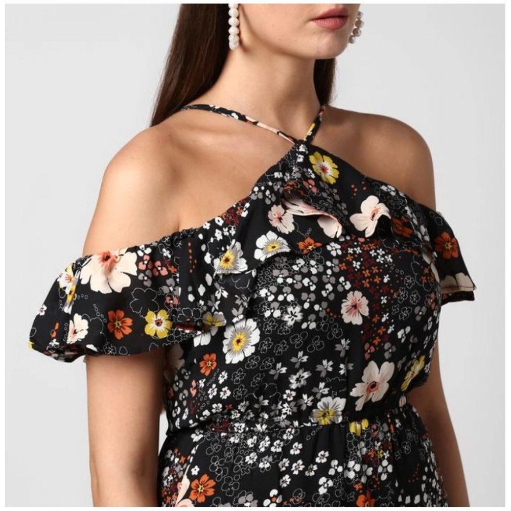 PKRKART Women's Polyester Floral Cold Shoulder Above Knee Dress (Black)