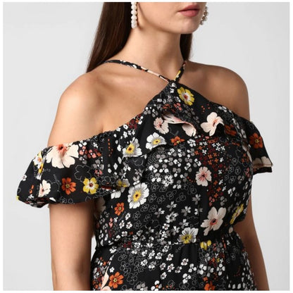 PKRKART Women's Polyester Floral Cold Shoulder Above Knee Dress (Black)