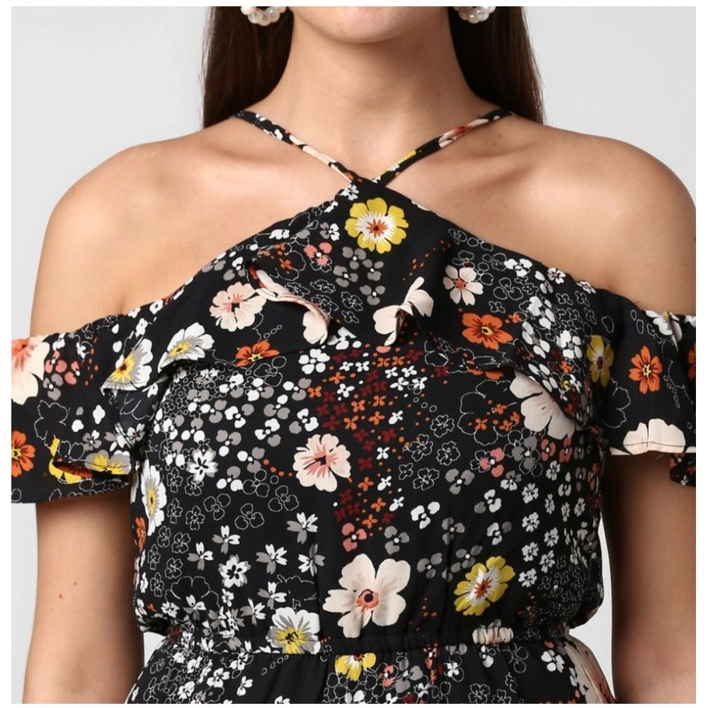 PKRKART Women's Polyester Floral Cold Shoulder Above Knee Dress (Black)