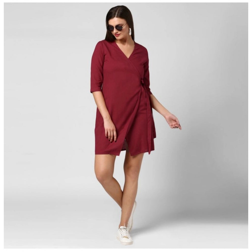 PKRKART Women's Cotton Solid 3-4th Sleeves Above Knee Dress (Maroon)