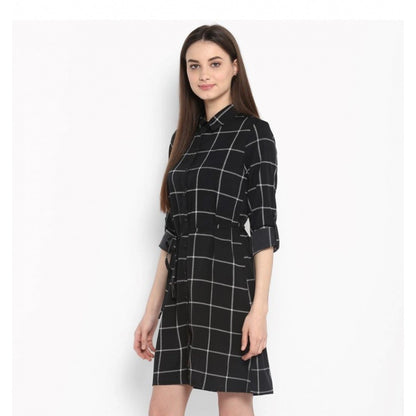 PKRKART Women's Polyester Checkered Roll Up Sleeve Above Knee Dress (Black - White)