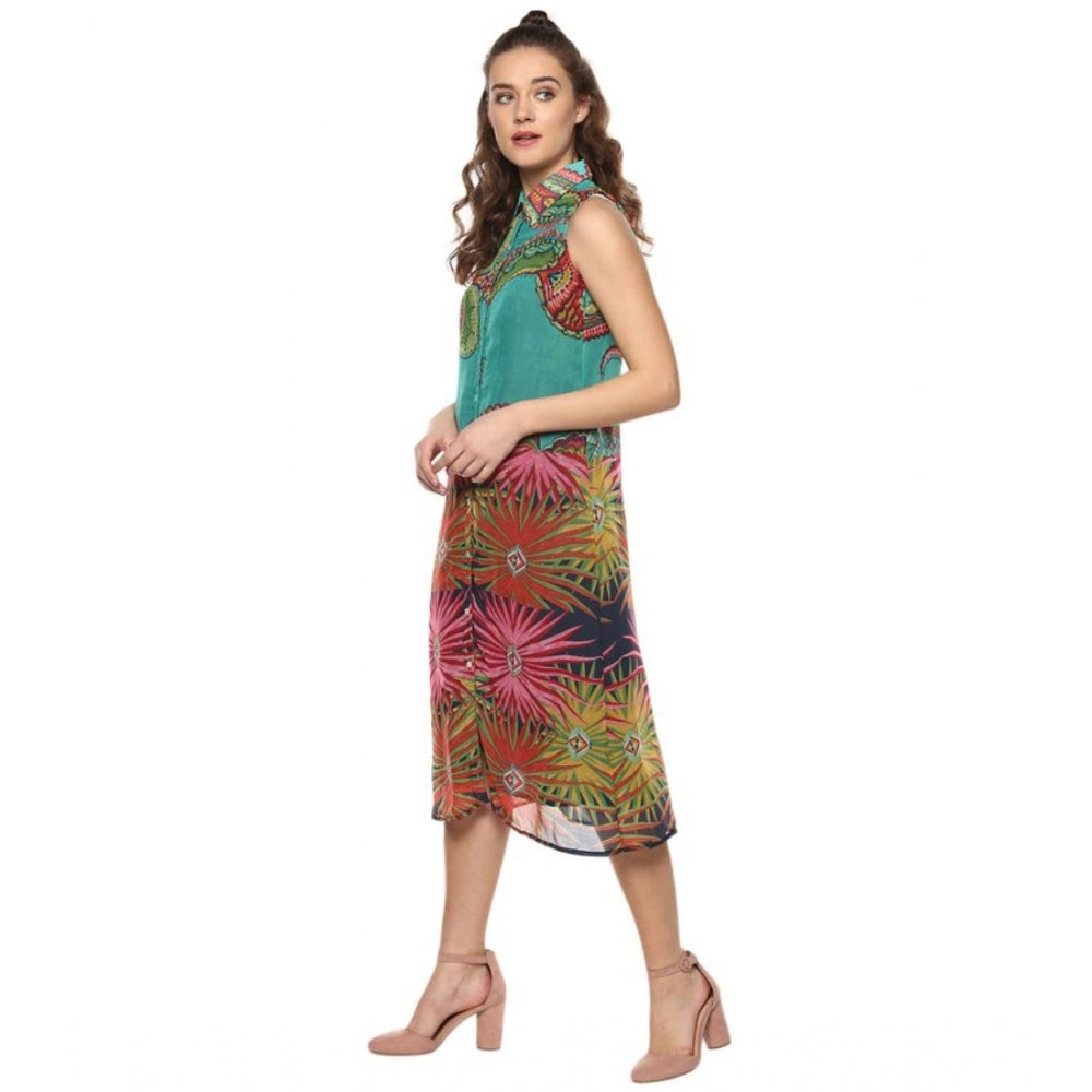 PKRKART Women's Polyester Floral Sleeveless Below Knee Dress (Multicolor)