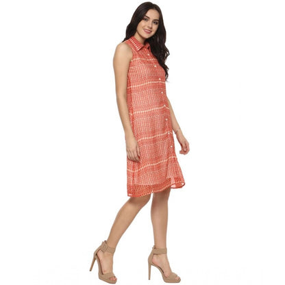PKRKART Women's Polyester Printed Sleeveless Above Knee Dress (Orange)