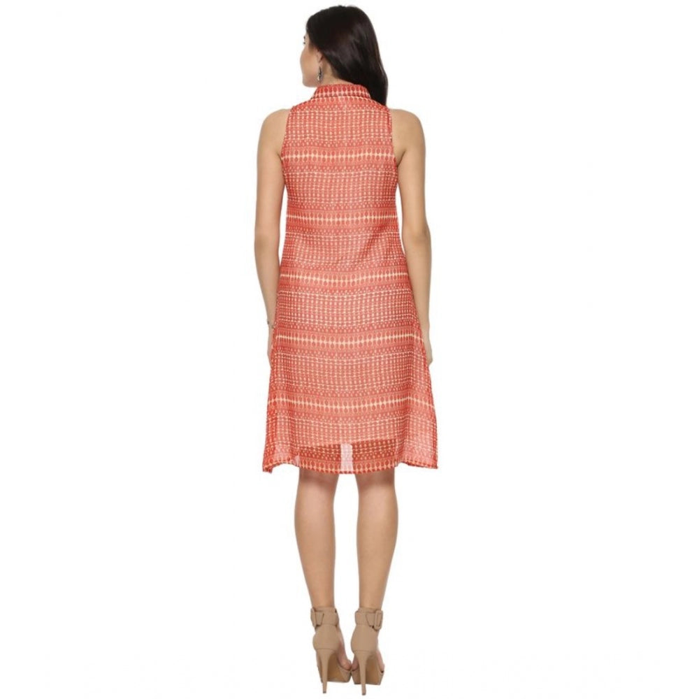 PKRKART Women's Polyester Printed Sleeveless Above Knee Dress (Orange)