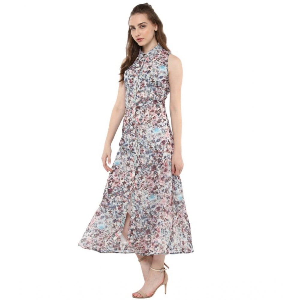 PKRKART Women's Polyester Chiffon Printed Sleeveless Dress (Multicolor)