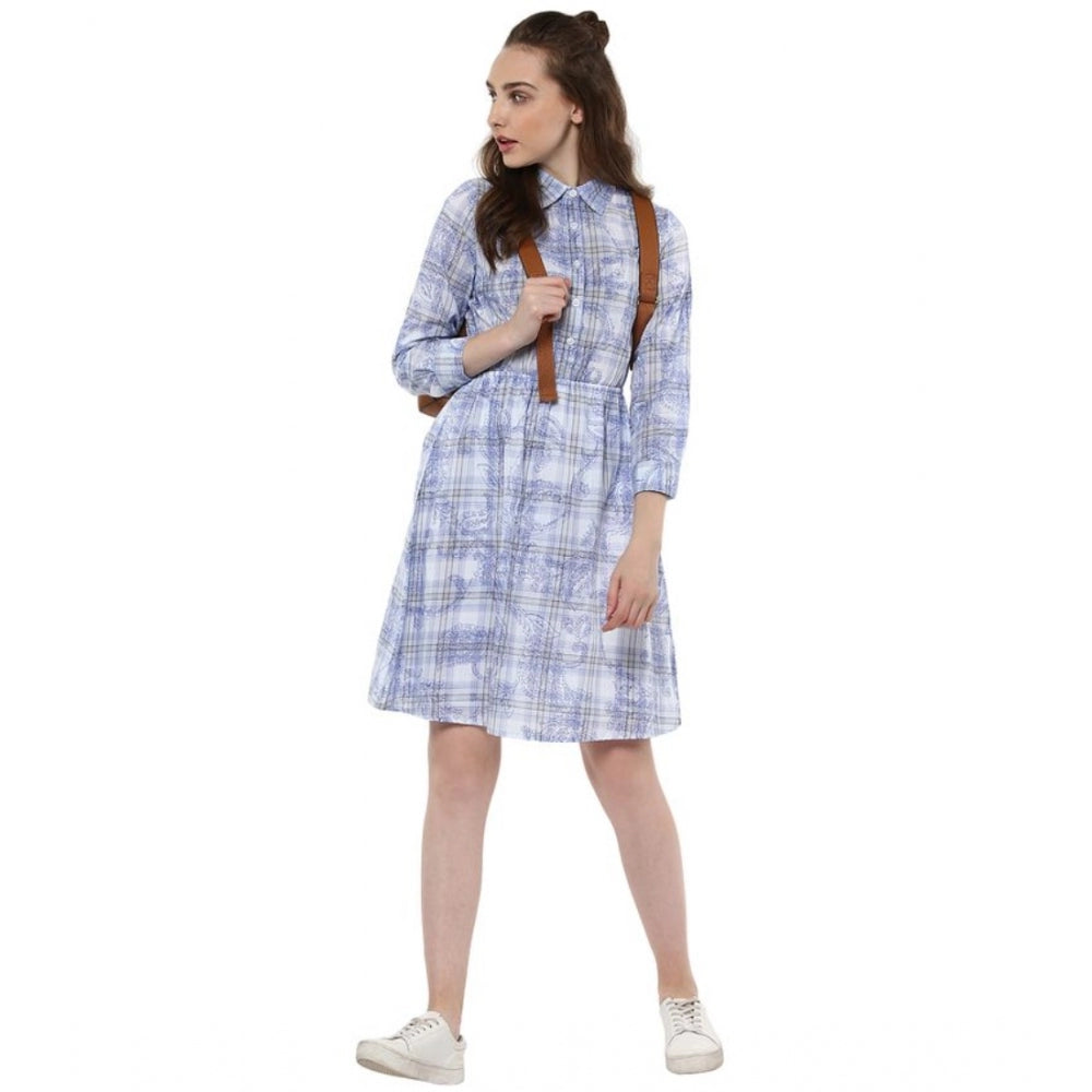 PKRKART Women's Cotton Checkered Roll Up Sleeve Above Knee Dress (Blue)