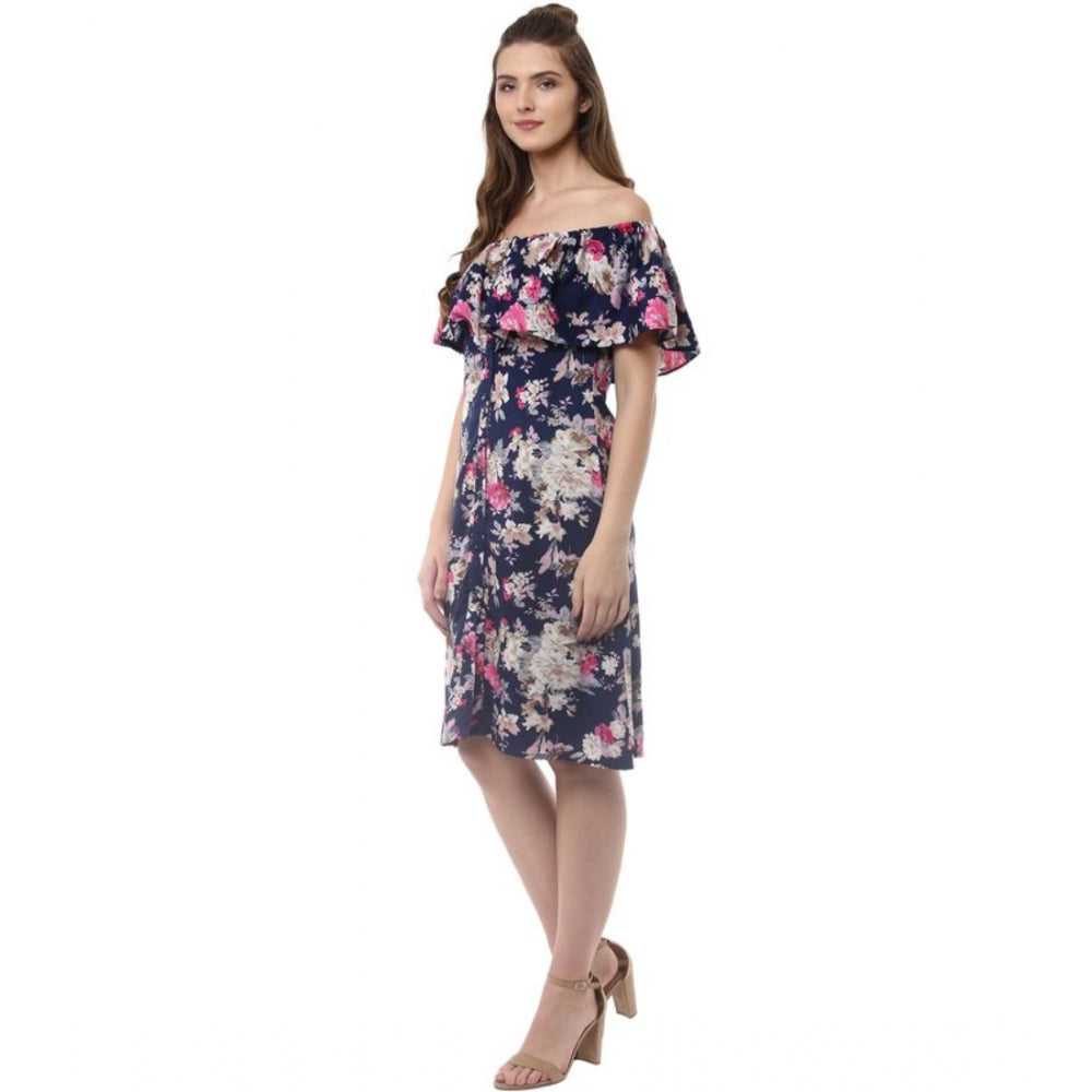 PKRKART Women's Polyester Crepe Floral Half Sleeve Above Knee Dress (Navy Blue)