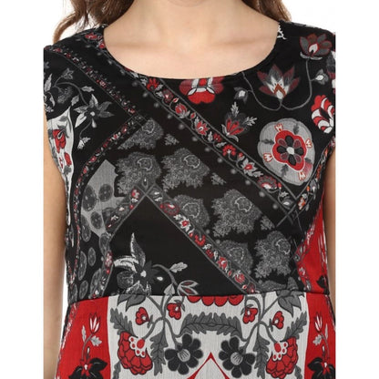PKRKART Women's Polyester Printed Sleeveless Dress (Red - Black)