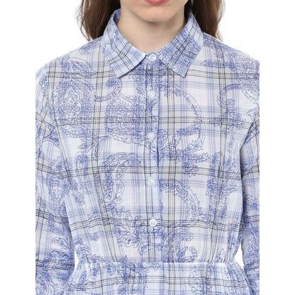 PKRKART Women's Cotton Checkered Roll Up Sleeve Above Knee Dress (Blue)