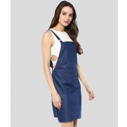 PKRKART Women's Denim Solid Shoulder Straps Above Knee Dress (Blue)