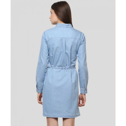 PKRKART Women's Denim Solid Long Sleeves Above Knee Dress (Blue)