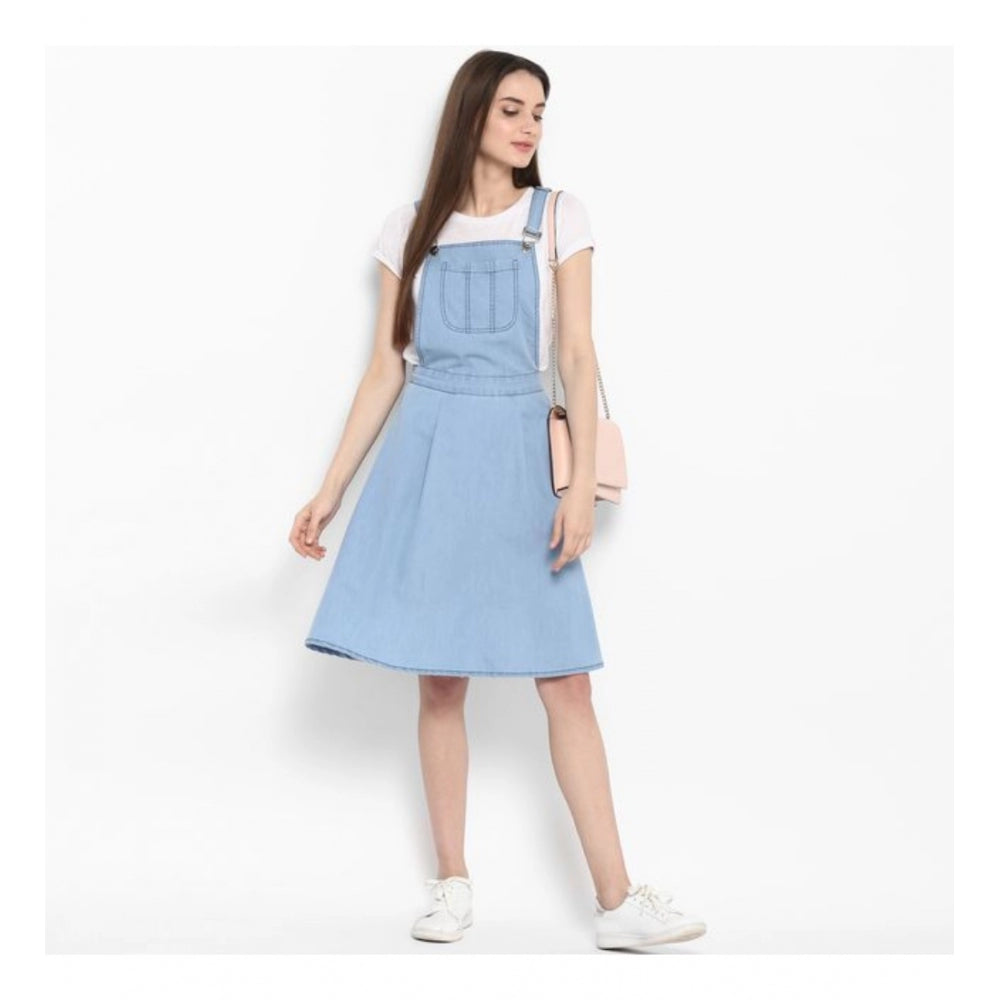 PKRKART Women's Denim Solid Sleeveless Above Knee Dress (Blue)