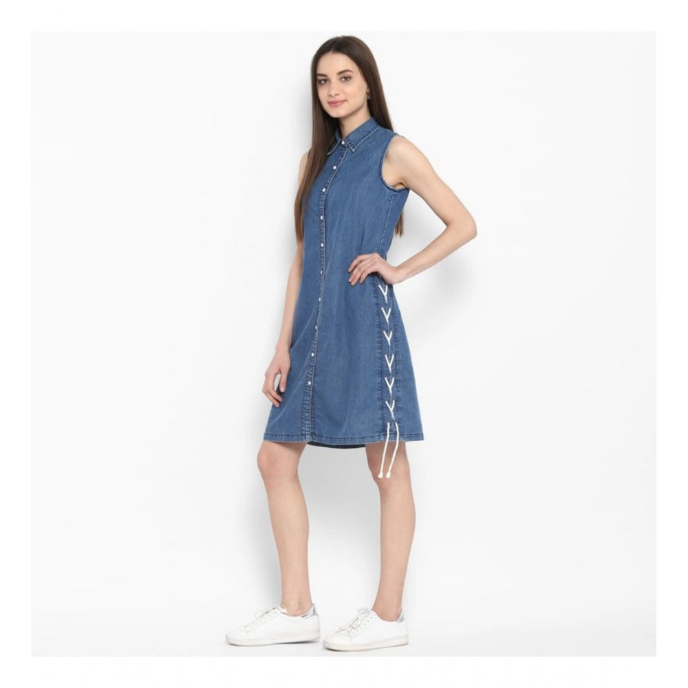 PKRKART Women's Denim Solid Sleeveless Above Knee Dress (Blue)