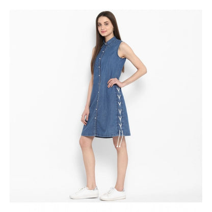 PKRKART Women's Denim Solid Sleeveless Above Knee Dress (Blue)