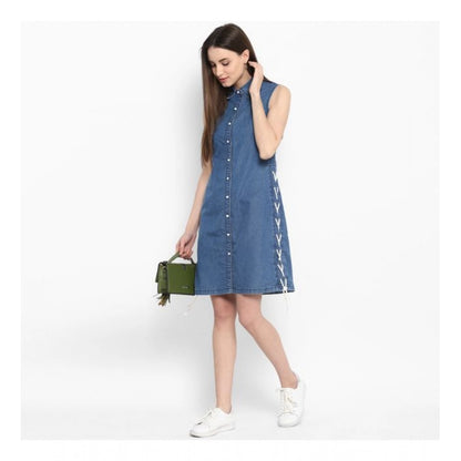 PKRKART Women's Denim Solid Sleeveless Above Knee Dress (Blue)
