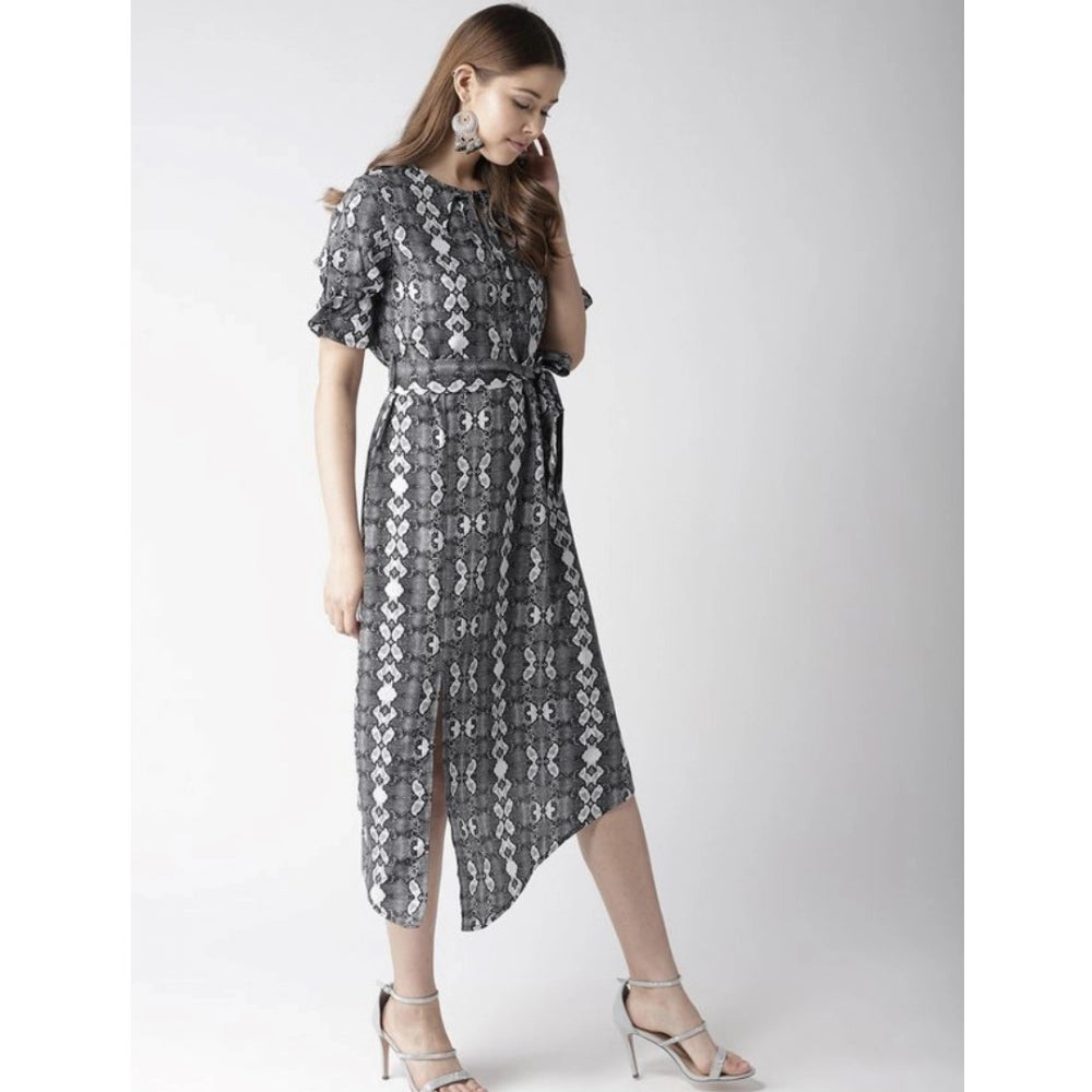 PKRKART Women's Polyester Animal Print Short Sleeve Knee-Length Dress (Black - White)