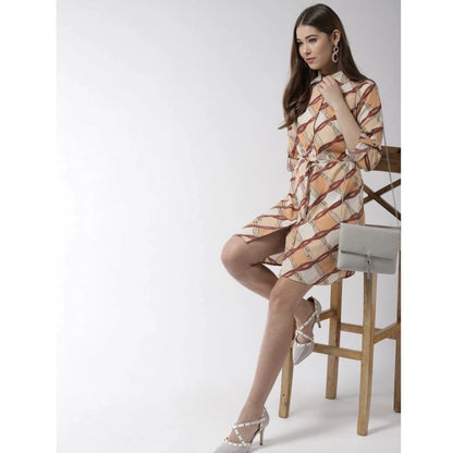 PKRKART Women's Polyester Printed Roll Up Sleeve Above Knee Dress (Off White - Brown)